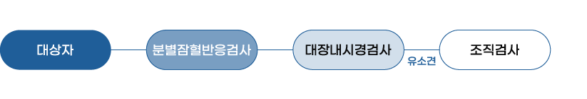 대상자→분별 잠혈 반응검사→대장내시경→유소견→조직검사