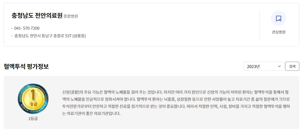 천안의료원 혈액투석 적정성평가 1등급 획득 1