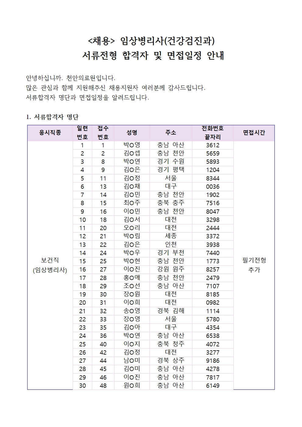 (채용)임상병리사(건강검진과) 서류전형 합격자 및 면접일정 안내 1